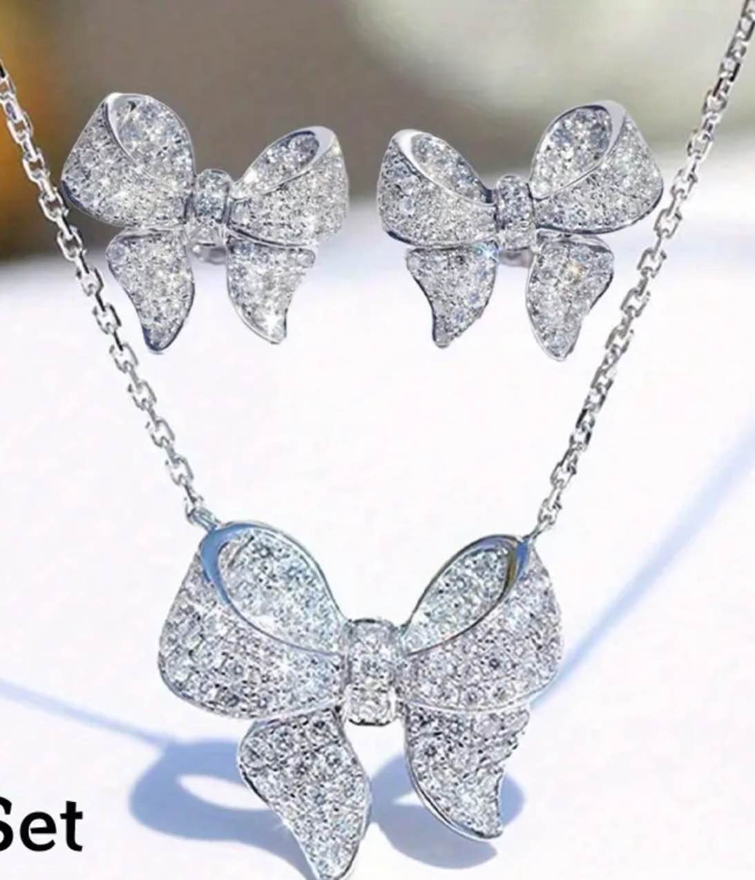 Beautiful 925 Silver Plated Sapphire Bow Earrings And Necklace Set