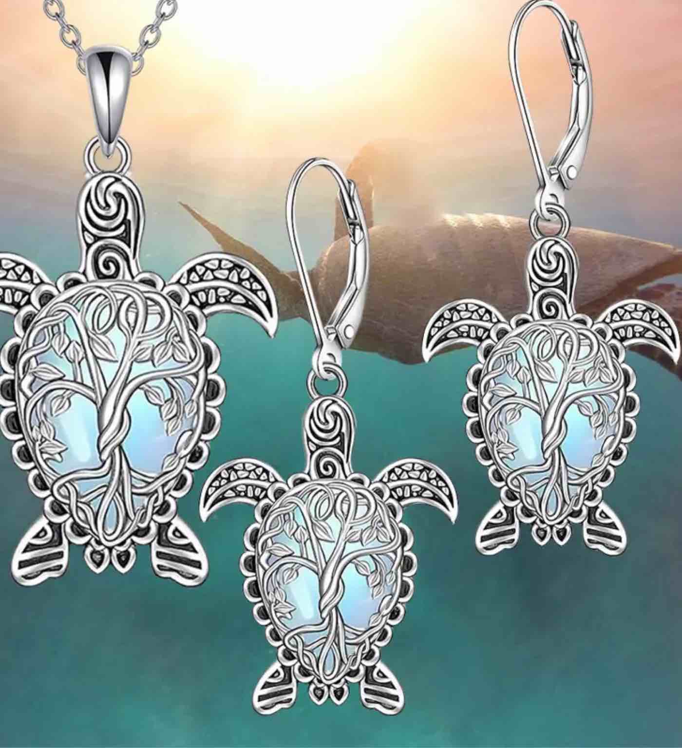 Gorgeous 925 Silver plated Turtle Earrings and Necklace Set 