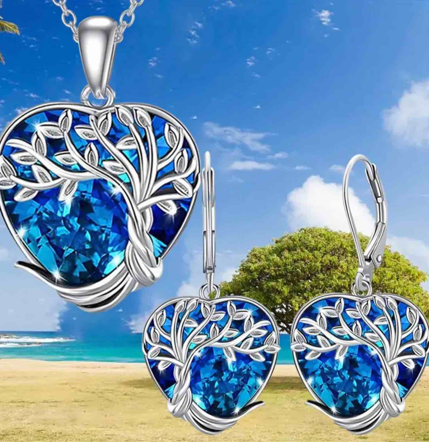 Elegant 925 Silver plated Family Tree of Life Necklace And Earrings Set