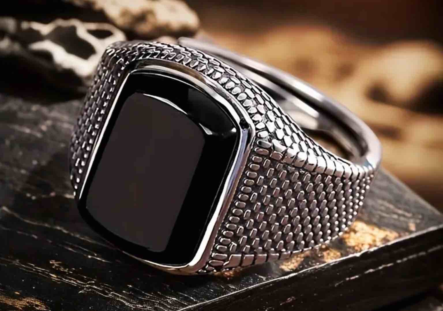 Men's 925 Silver plated Black Marble-Ring Size 9