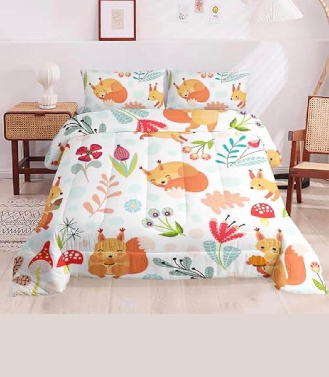 3 pc Cartoon Squirrel Kids Comforter Set, Botanical Mushroom Printed Full Comforter Set Colorful Floral Soft Bedding Set. Full size