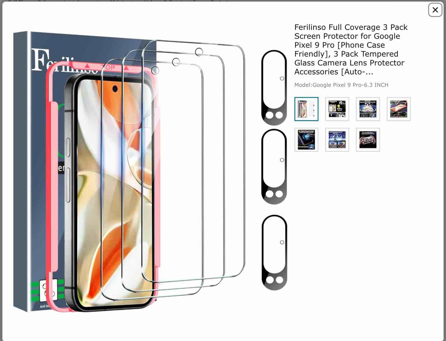 ferilinso full coverage 3 pack screen protector for google pixel 9 pro [phone case friendly], 3 pack tempered glass camera lens protector accessories [auto- dusting & adhesive]