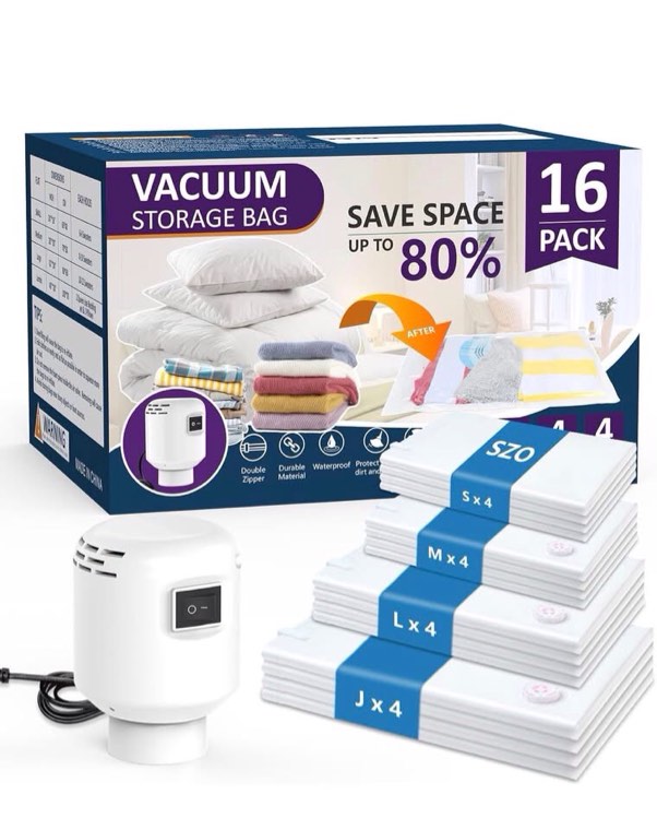 16 pack vacuum storage bags with electric air pump,(4 jumbo/4 large/4 medium/4 small) vacuum seal bags for clothing travel, space saver bags for luggage, blankets,bedding,moving bags