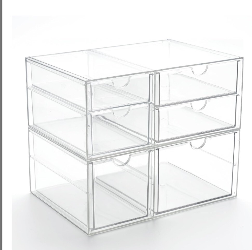 prsildan acrylic drawer makeup organizer with 6 drawers, set of 2 office desk organizers accessories, clear stackable storage drawers for vanity, countertop, craft, jewelry, art supply organization