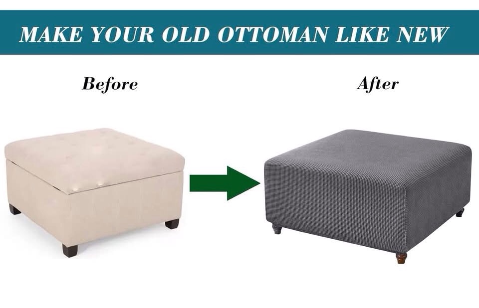 Condition photo showing New/Like New for Stretch Square Ottoman Cover - Knitted Jacquard Washable Slipcover Storage Foot Stool Cover with Elastic Bottom - Dark Gray X-Large