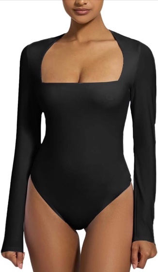 Women's Square Neck Long Sleeve Bodysuit Sexy Thong Double-Lined Top Size XL