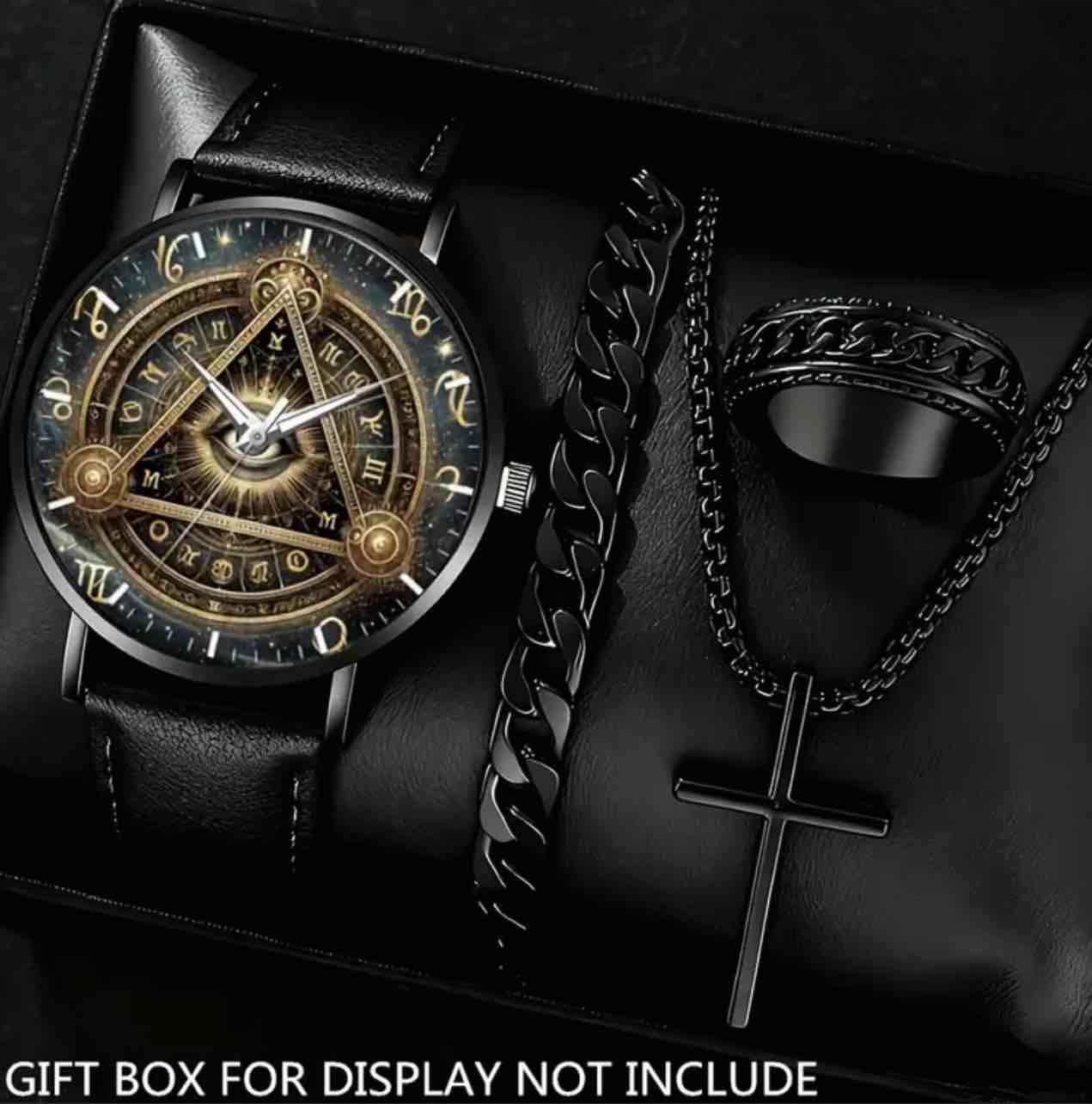 Condition photo showing New/Like New for Set of 4pcs for Men Black Watch, a Ring, a Necklace, And a Bracelet