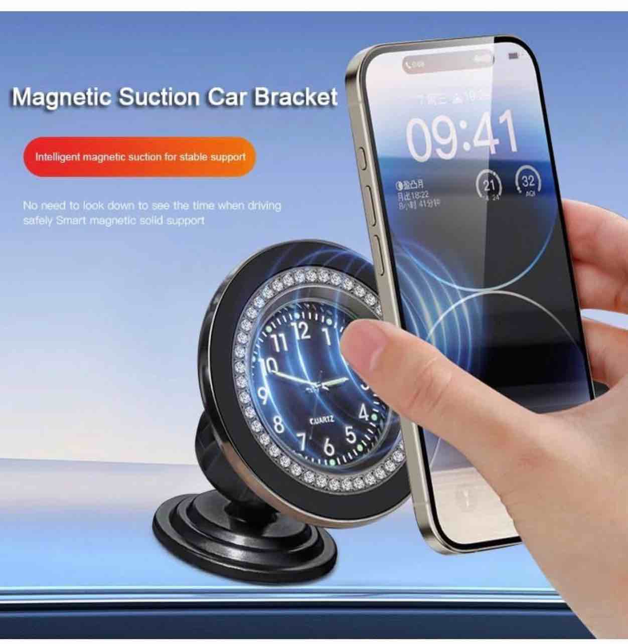 Condition photo showing New/Like New for Clock Magnetic Car Holder Strong Magnet Mini Dial Phone Stand for Car Dashboard Mount 360° Rotation Car Phone Stand Universal for iPhone 15/14/13/12 Pro Max Plus (Black)