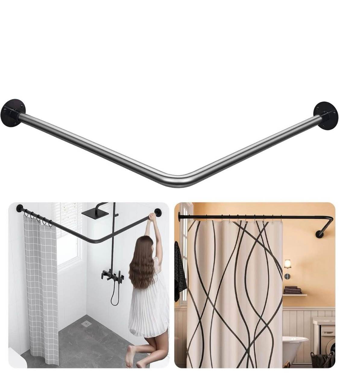 L-Shaped Corner Shower Curtain Rod, ?Black Adjustable, Unsagging, Drill-free Install,304 Stainless steel 90°Curved Rod, with 12 Hooks