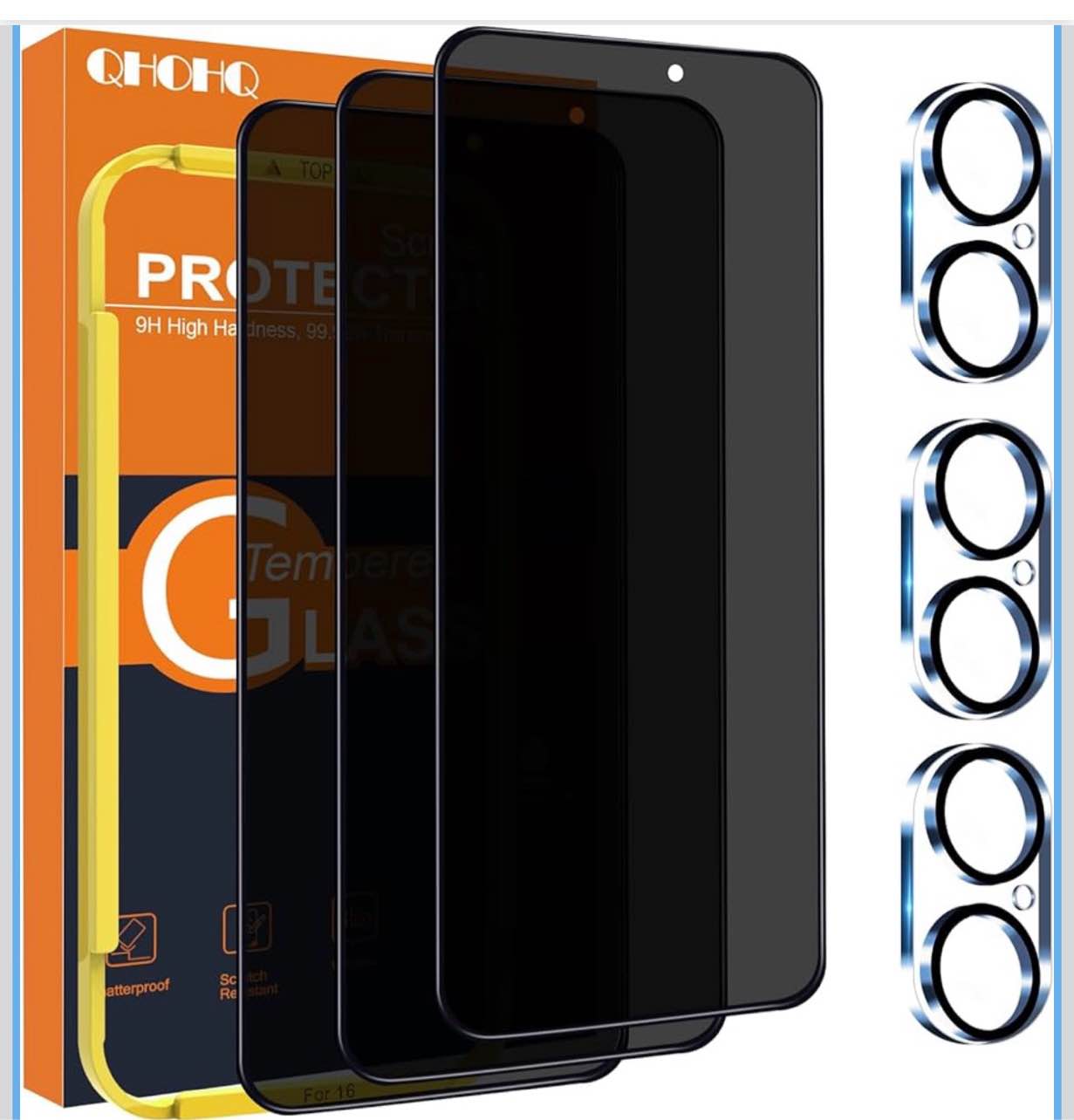 qhohq for iphone 16 privacy screen protector + camera lens protector, [military grade shatterproof], top 9h+ anti spy glass, full edge coverage, ultra durable, with easy installation tool [3+3 pack]