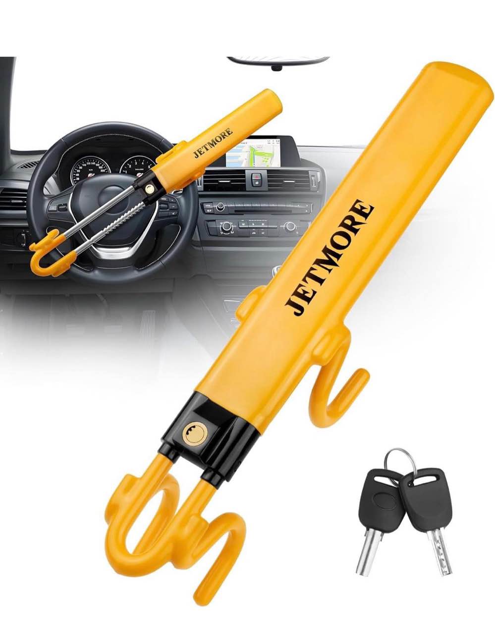 tevlaphee steering wheel lock - heavy duty antitheft device and car security lock with adjustable locking and 3 keys - great vehicle and truck deterrent (yellow)