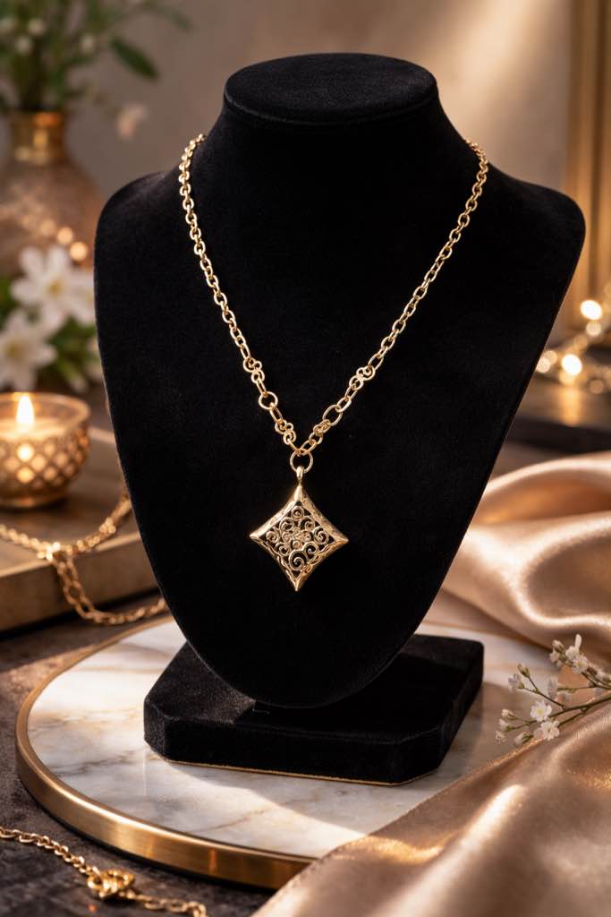 Condition photo showing New/Like New for Elegant Gold-Tone Filigree Pendant Necklace 