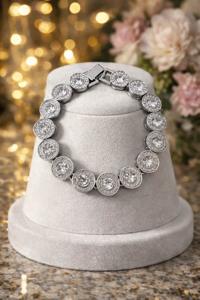 Condition photo showing New/Like New for Elegant Silver-Tone Halo Crystal Bracelet