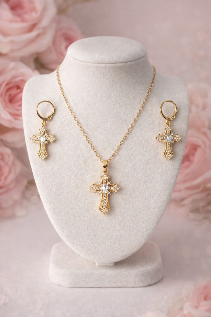 Condition photo showing New/Like New for Gorgeous 18K Gold Plated Cross Earrings and Necklace 