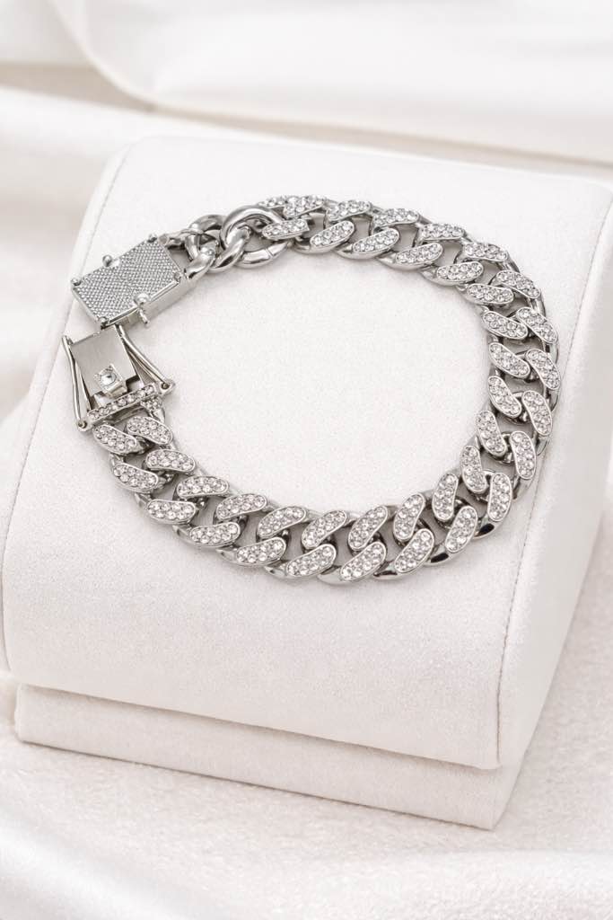 Elegant 925 silver plated Cuban link bracelet with sparkling rhinestone accents