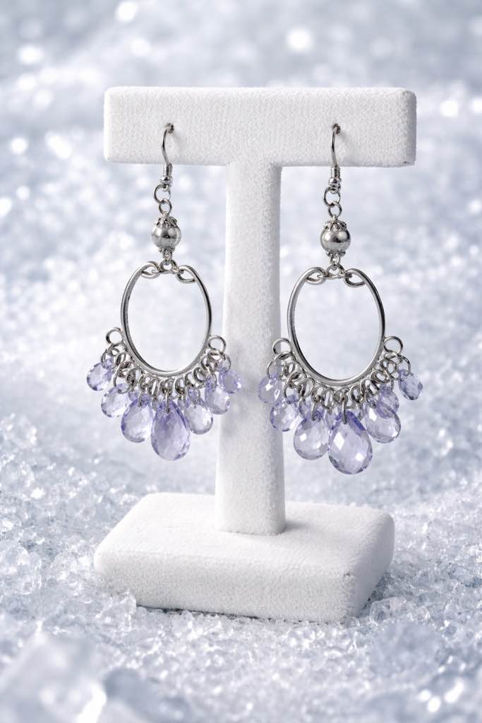 Elegant 925 silver plated  chandelier earrings featuring delicate oval hoops accented with shimmering light purple teardrop