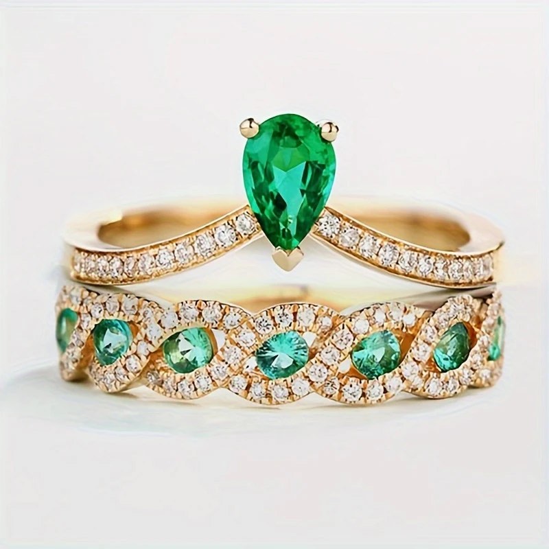 18K Gold Plated Emerald Studded Ring Sz 7