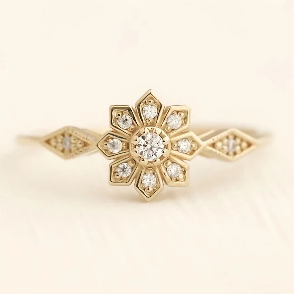 18K Gold Plated Flower Accent White Sapphire Ring Sz 9