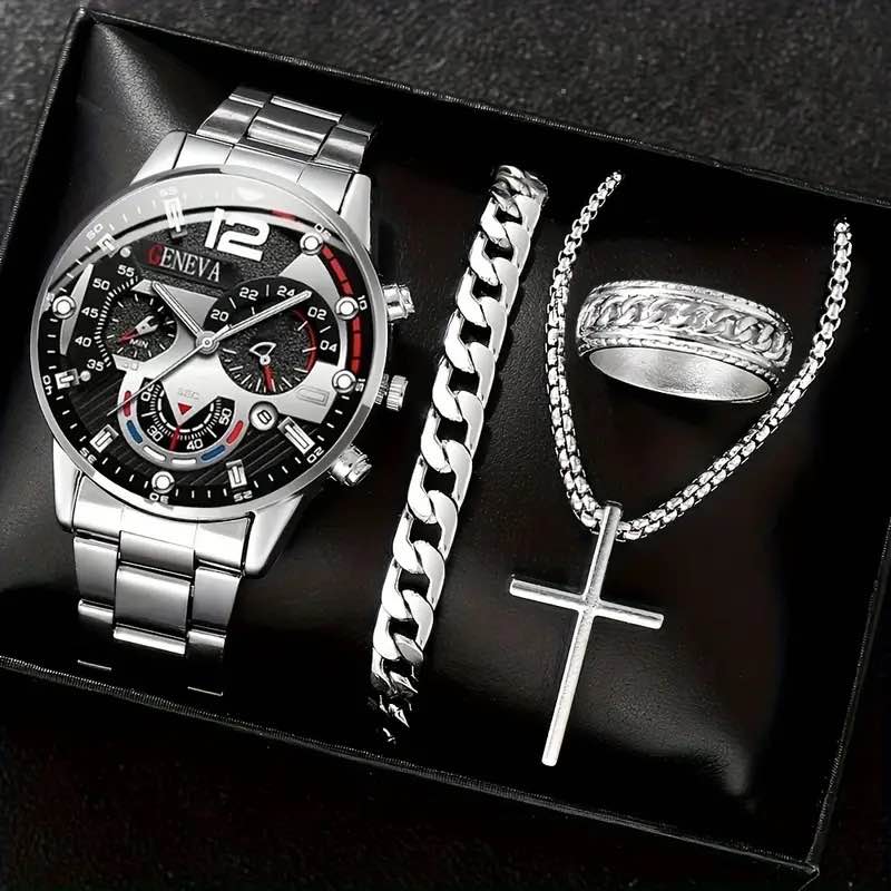 Luxury  Silver/Black Face Men’s Watch Set 