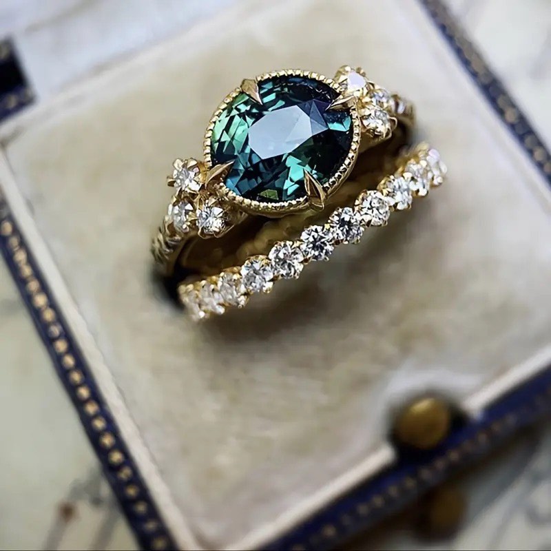 18K Gold Plated Emerald Ring Set sz 9