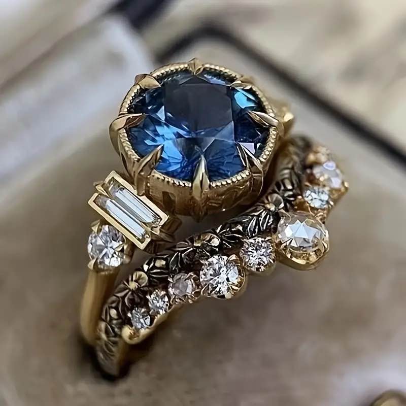 18K Gold Plated Sapphire Ring Set sz 9