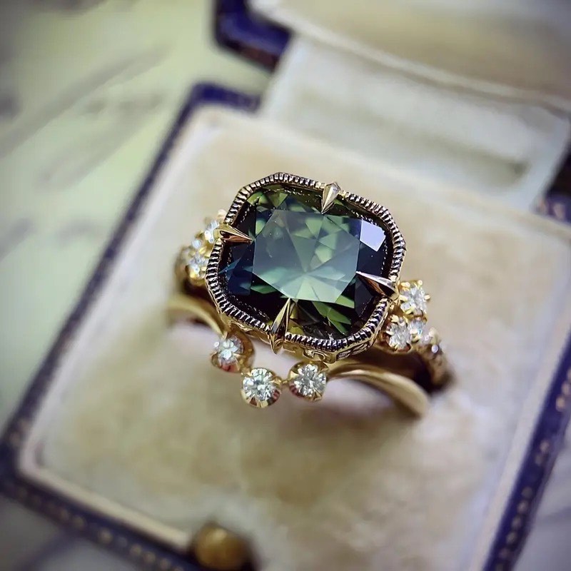 18K Gold Plated Emerald Ring Set sz 9