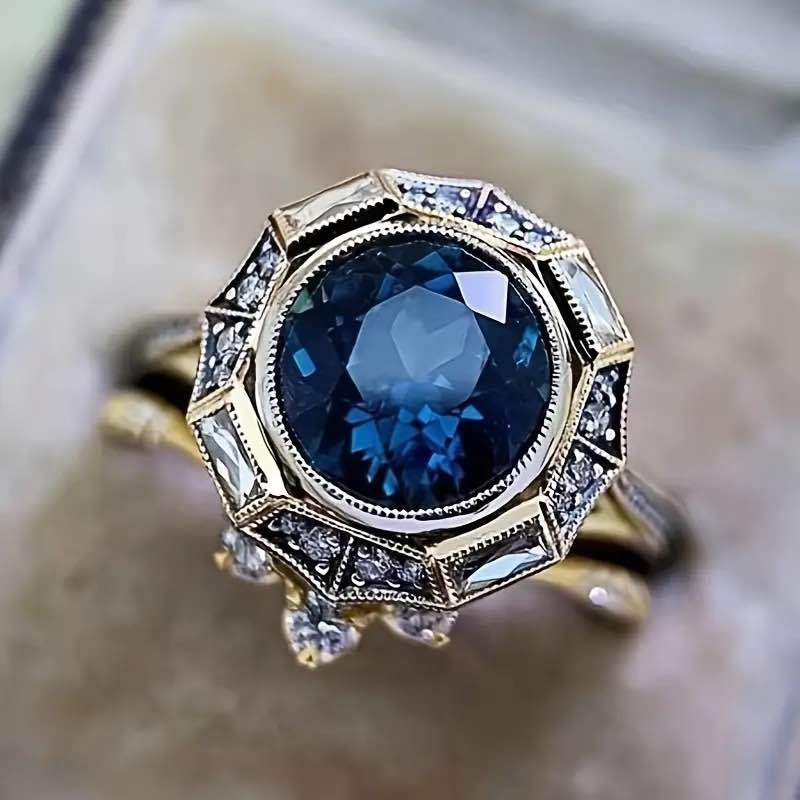 18K Gold Plated Blue Sapphire Ring Set sz 9