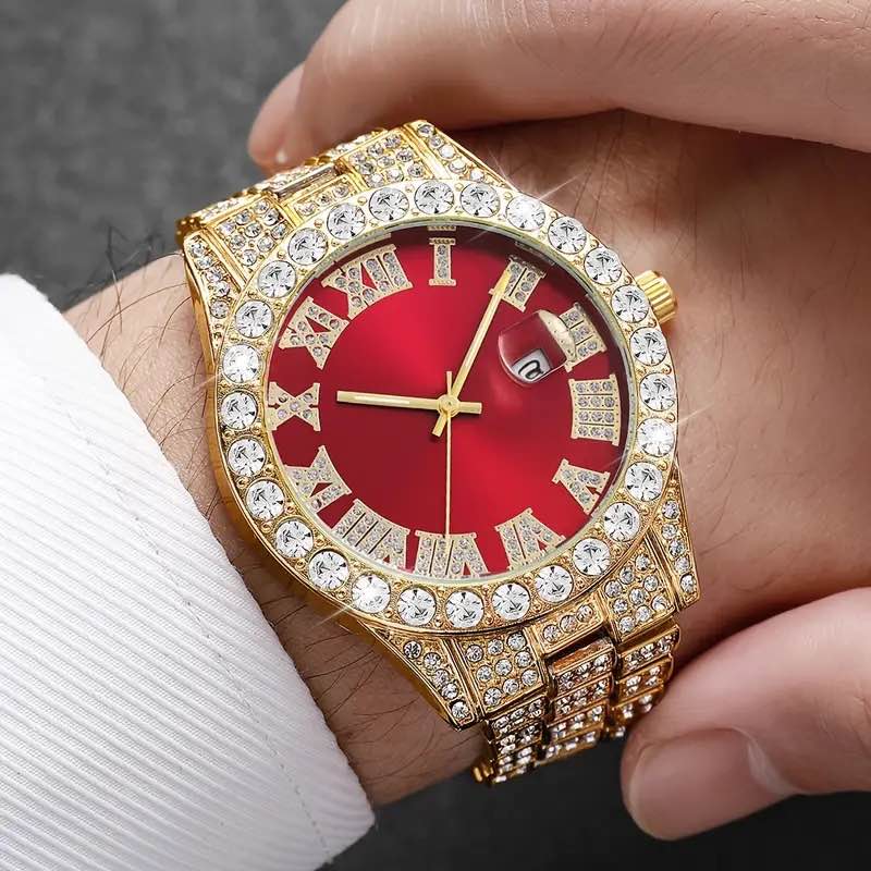 Luxury Gold Plated Red Face Mens Watch