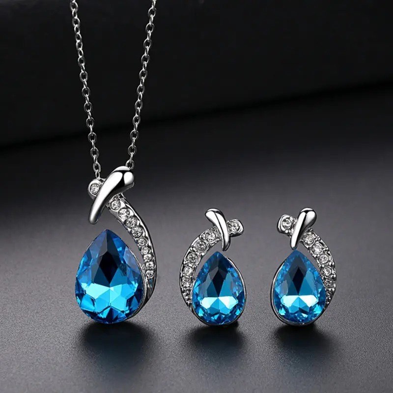 Sterling Silver Blue Sapphire Necklace & Earrings Set