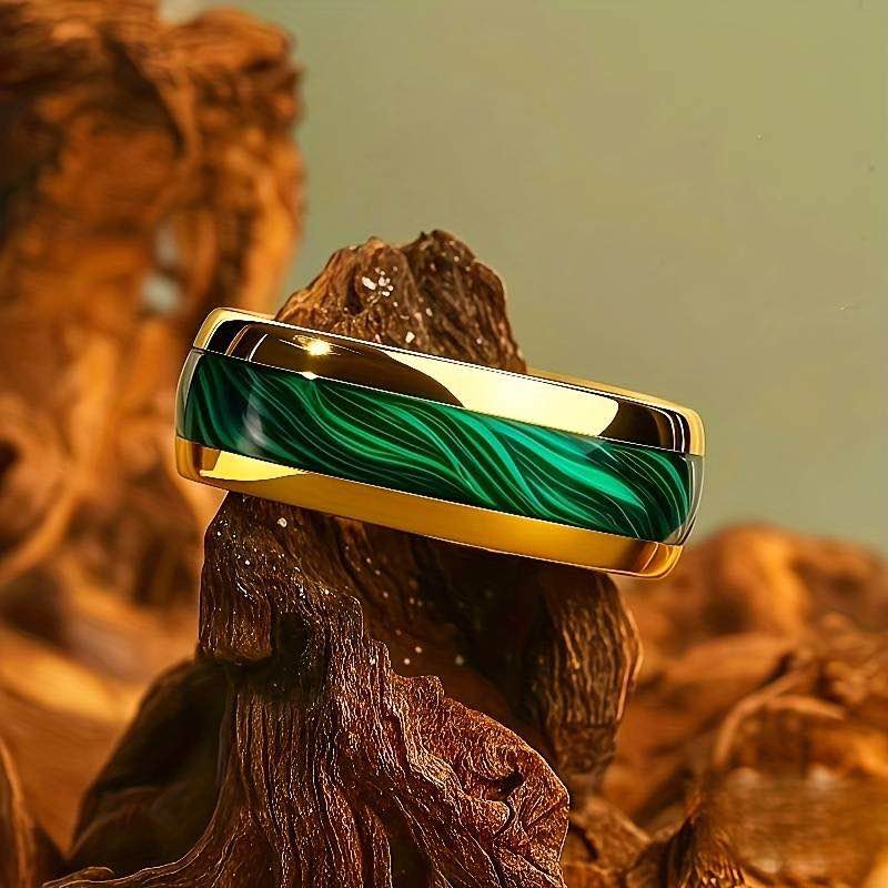 18K Gold Plated Green Marble Mens Ring Sz 10