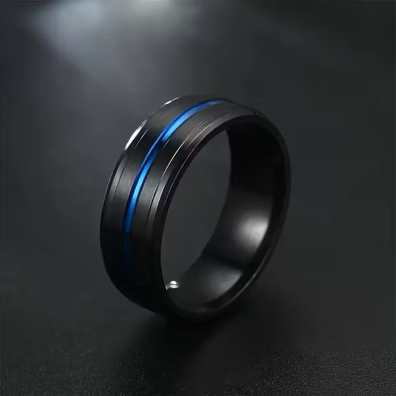 Black Tungsten Stainless Steel Blue Mens Ring Sz 9