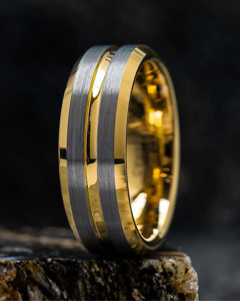 Gold Plated Stainless Steel Black Accent Ring- Sz 8