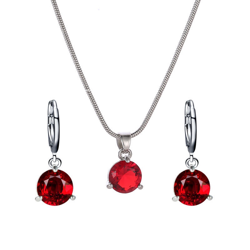 Stainless Steel Red Sapphire Necklace Earring Set