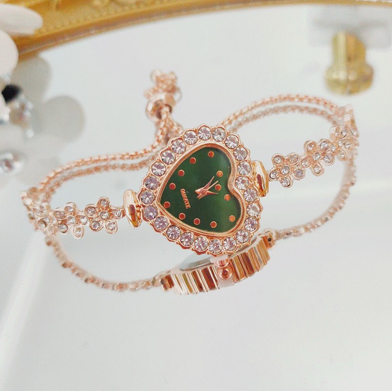 Rose Gold Charm Crystal Emerald Face Heart Watch