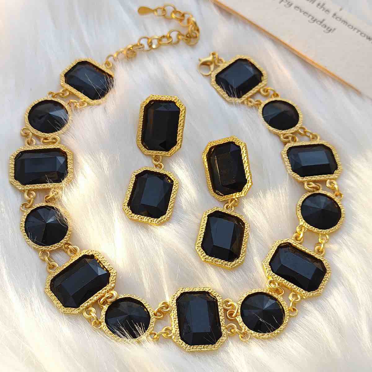 Gold Black Onyx Necklace & Earring Set
