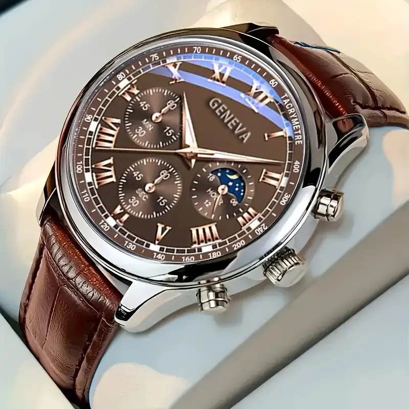 Geneva Silver Brown Band Watch