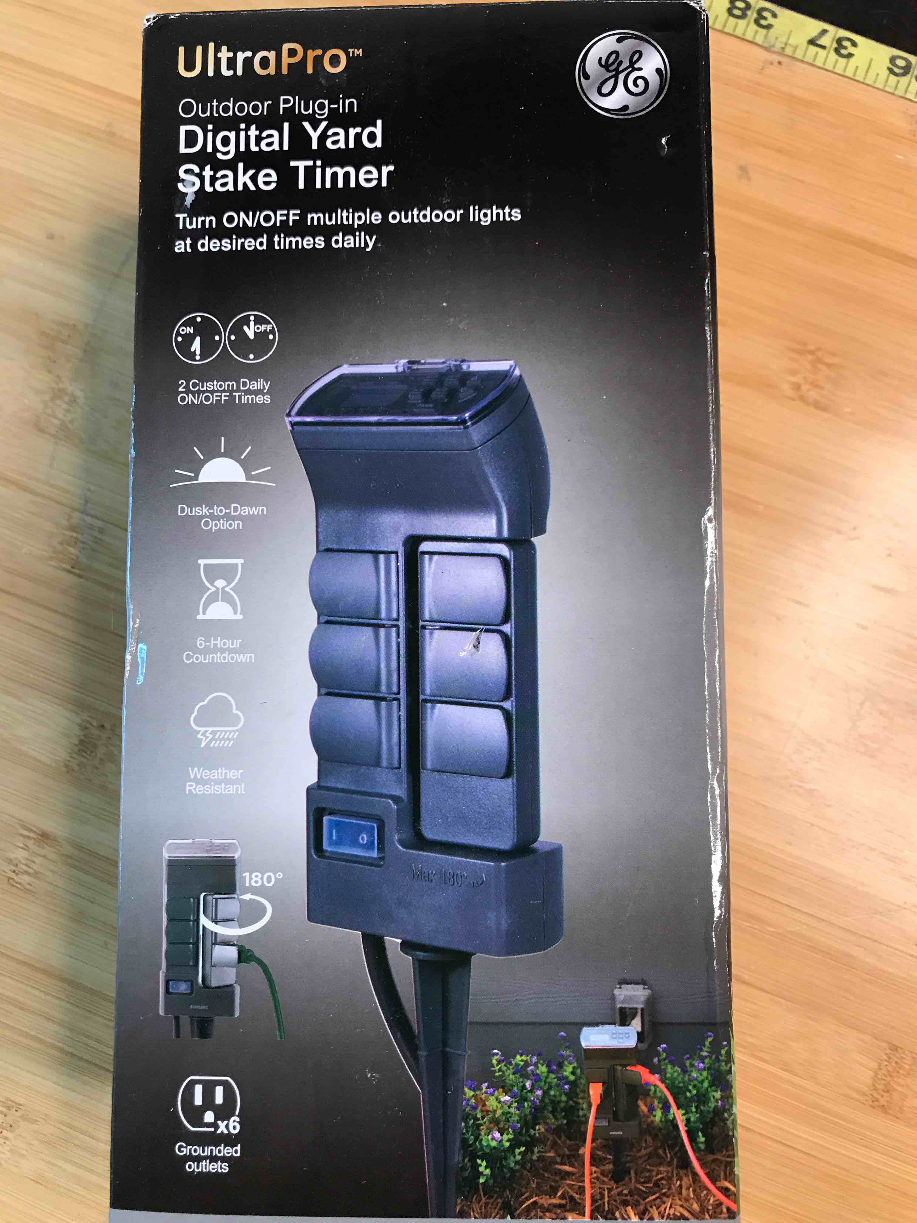 GE Rotatable Digital Yard Stake Timer, Plug-in, Custom ON/OFF Times, Light Sensor, 6-Hour Countdown, Weather Resistant, 6 Grounded Outlets, Seasonal/Landscape Lighting, SPC1236AT/27