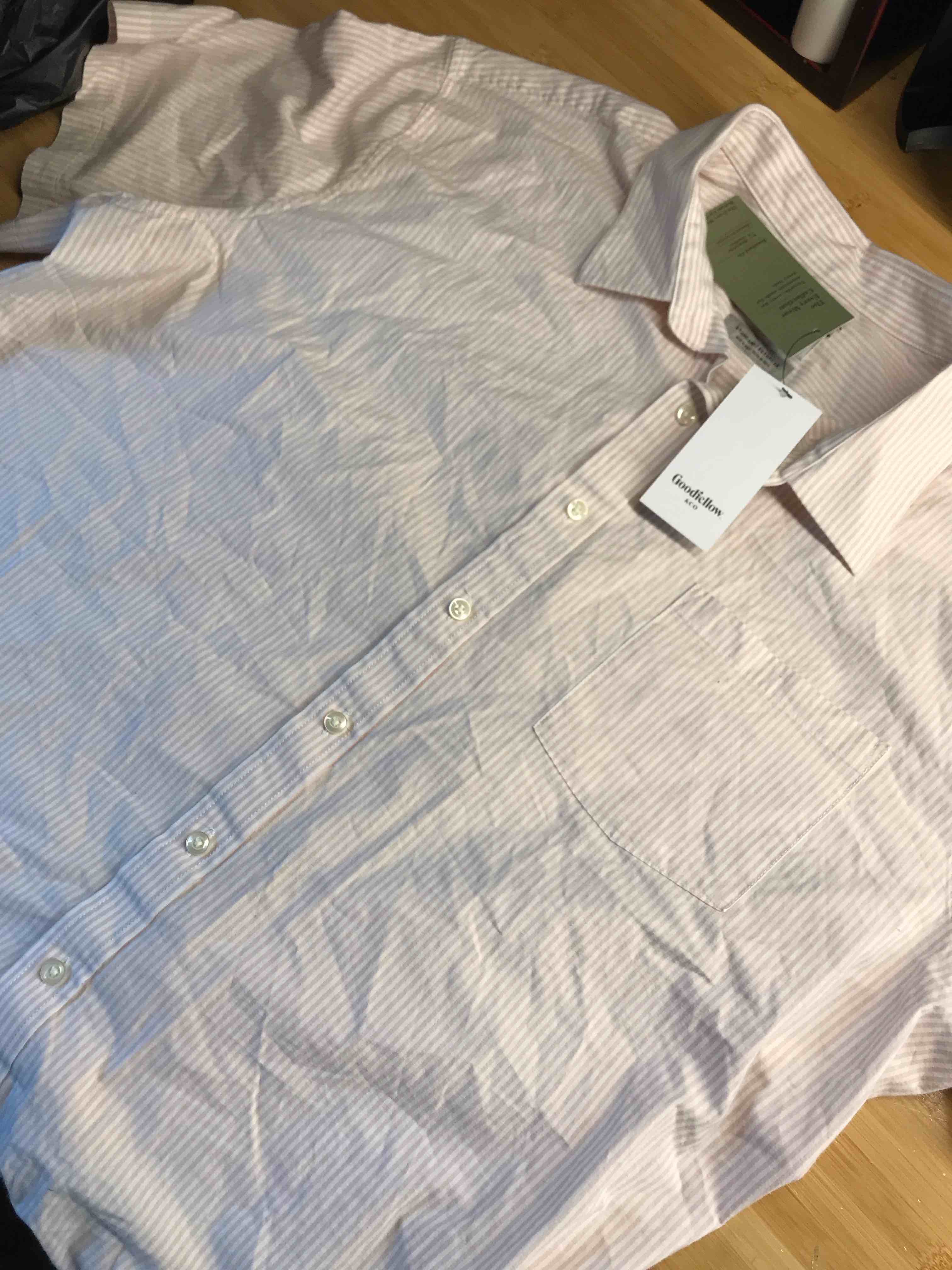 Condition photo showing New/Like New for Men's Short Sleeve Poplin Shirt - Goodfellow & Co™ Pink XXL: Cotton-Spandex Blend, Midweight, Button Down Collar, Front Pocket