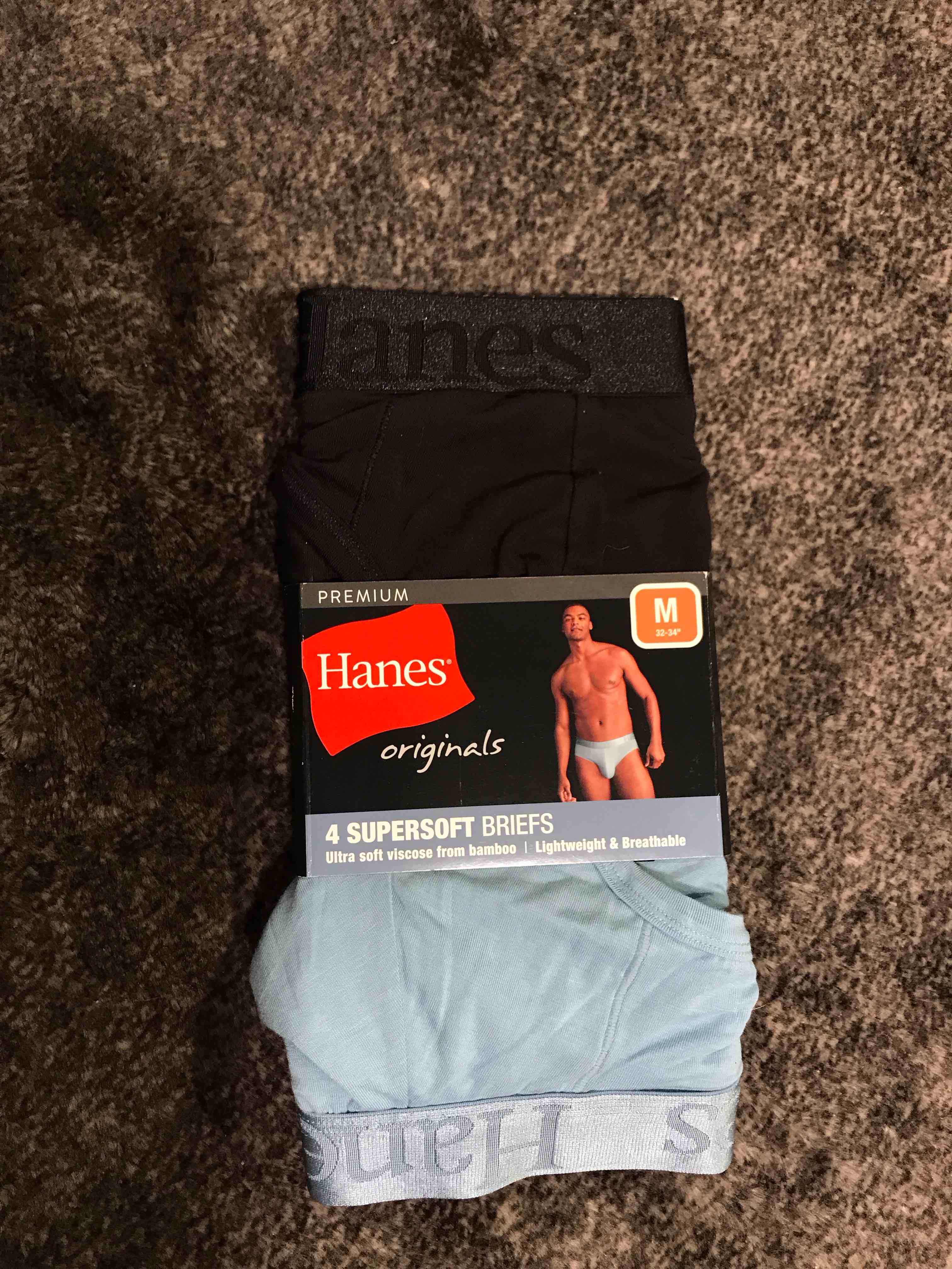 Condition photo showing New/Like New for Hanes Originals Premium Men's SuperSoft Briefs 4pk -Teal Blue/Blue/Black M: Lightweight Knit, Tagless, Moisture Wicking, Stretch Fabric