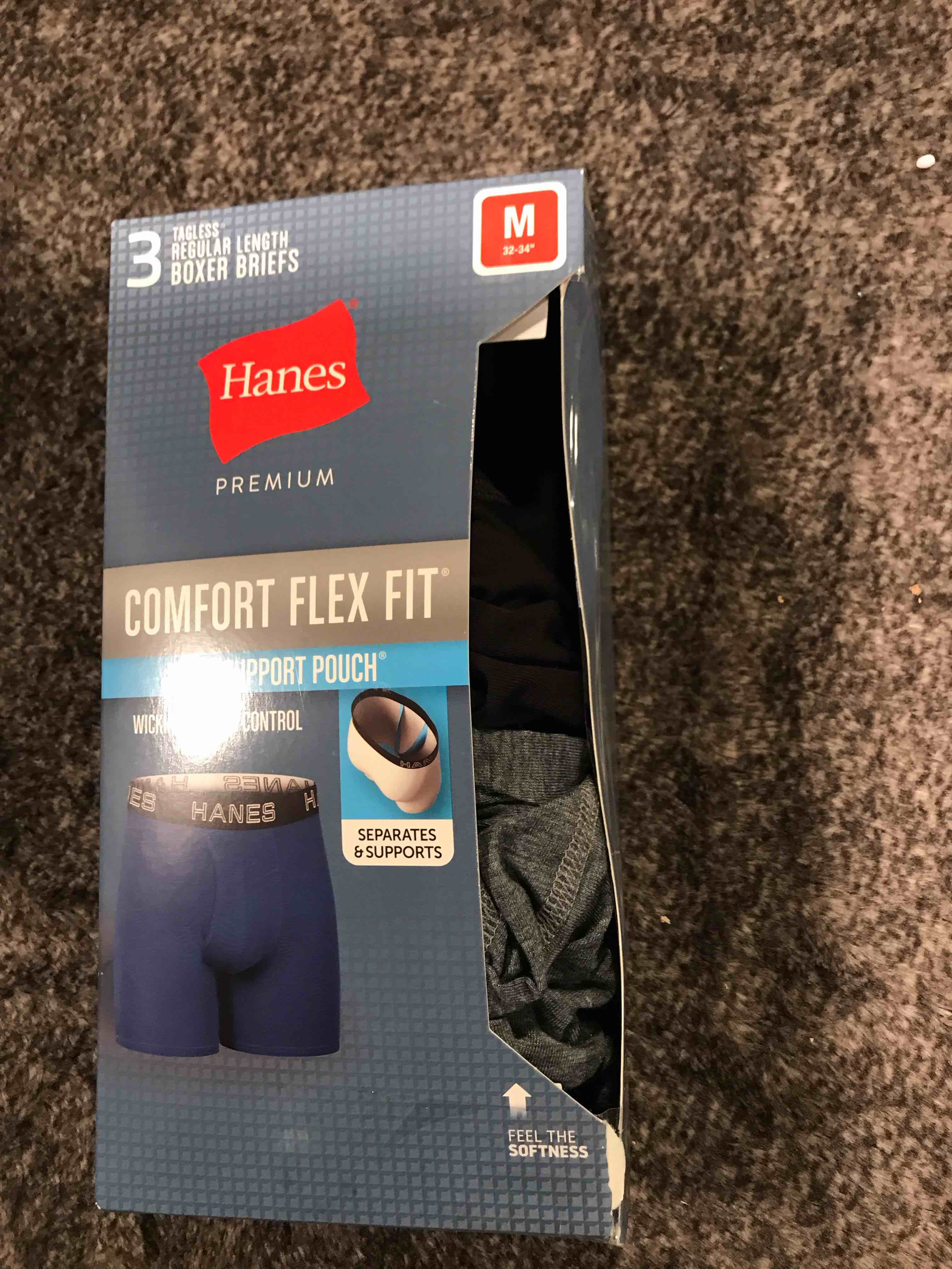 Condition photo showing New/Like New for Hanes Premium Men's 3pk Boxer Briefs Total Support Pouch - Gray/Black M: Recycled Polyester, Lyocell, Spandex, Moisture Wicking, Breathable Mesh