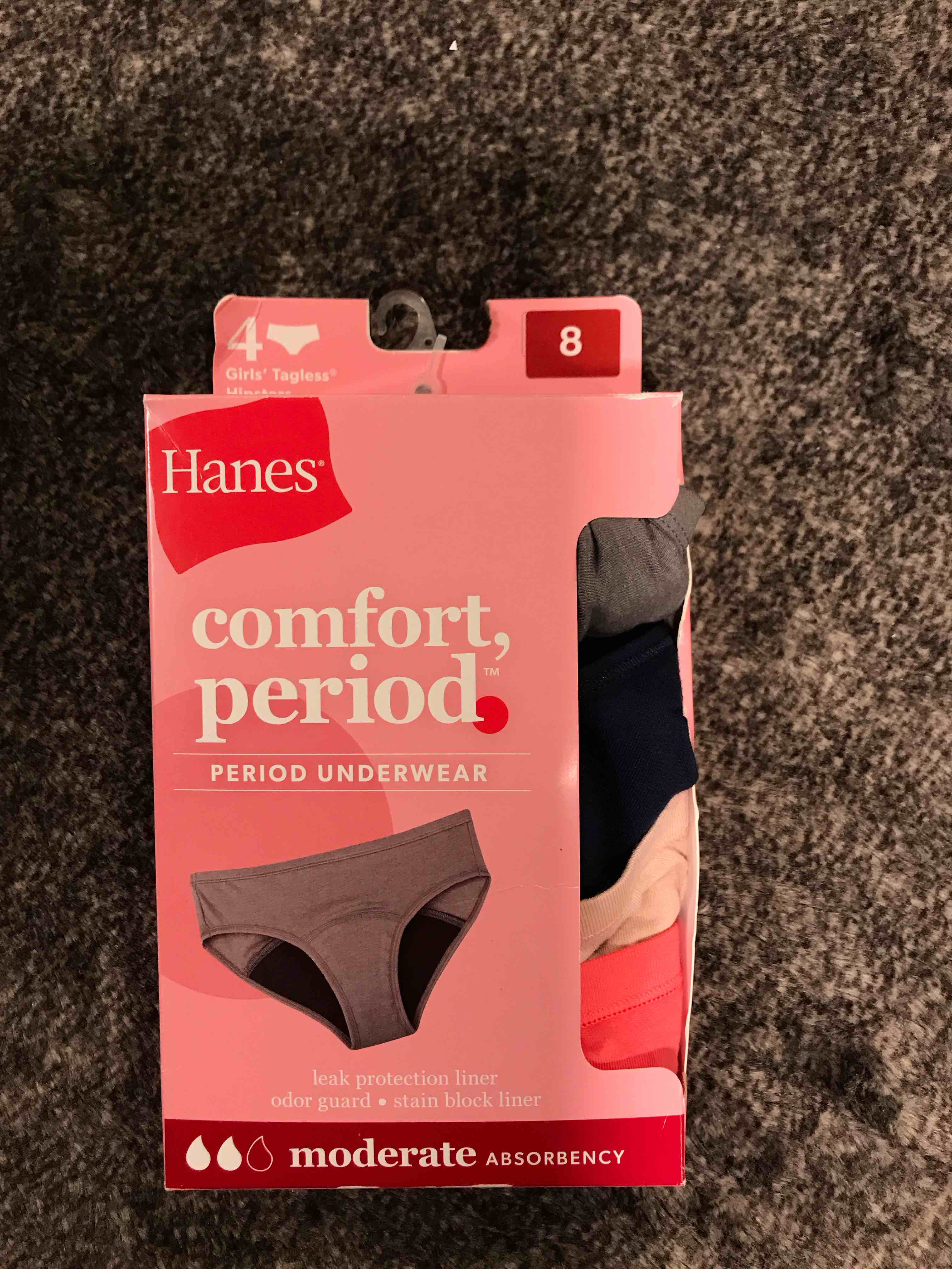 Condition photo showing New/Like New for Hanes Girls' 4pk Hipster Period Underwear Moderate Protection - colors may vary 8: Moisture Wicking