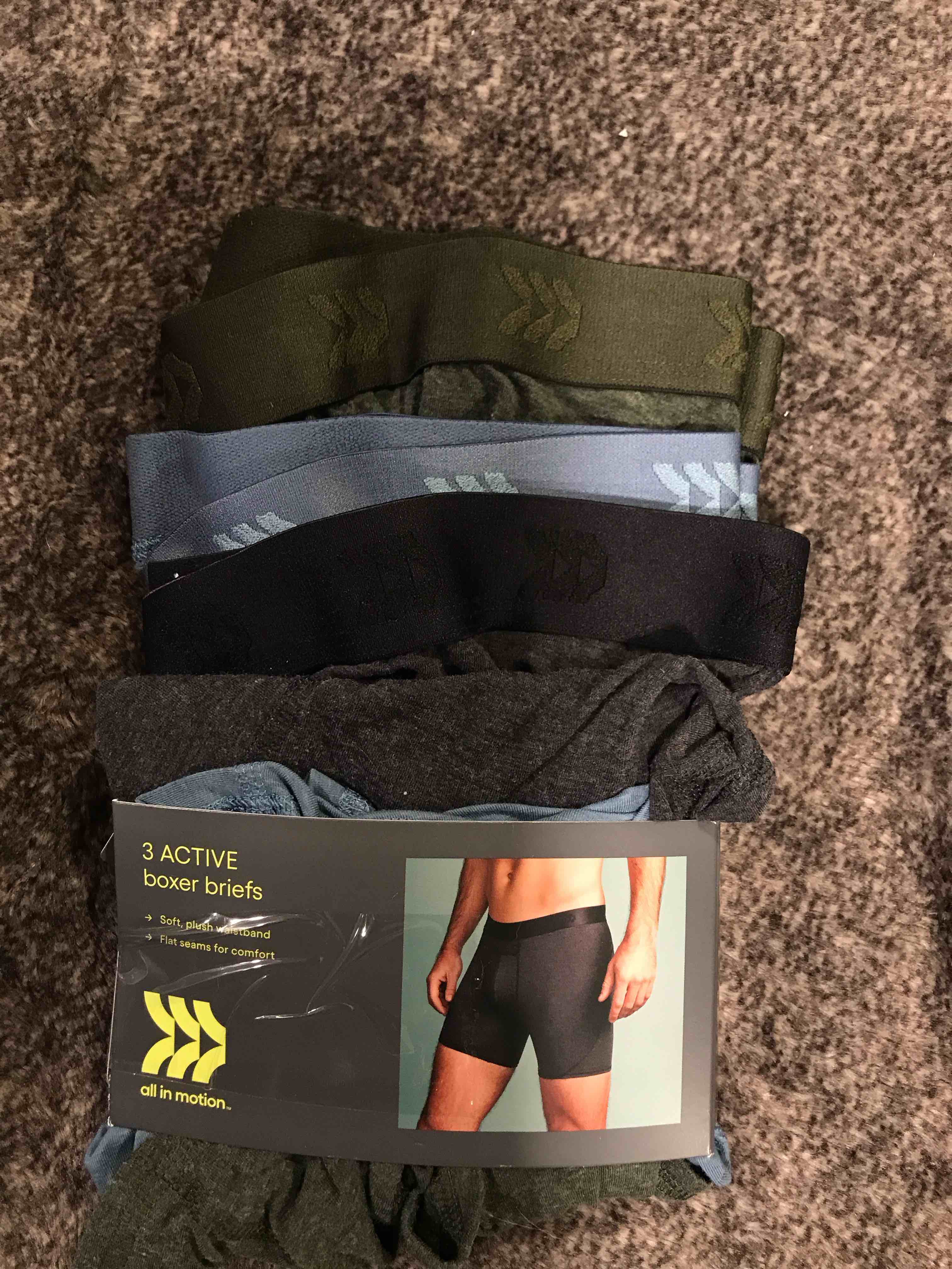 Condition photo showing New/Like New for Men's All Day Active 3pk Boxer Briefs - All In Motion™ Black/Olive Green/Blue M: Recycled Polyester, Mid Rise