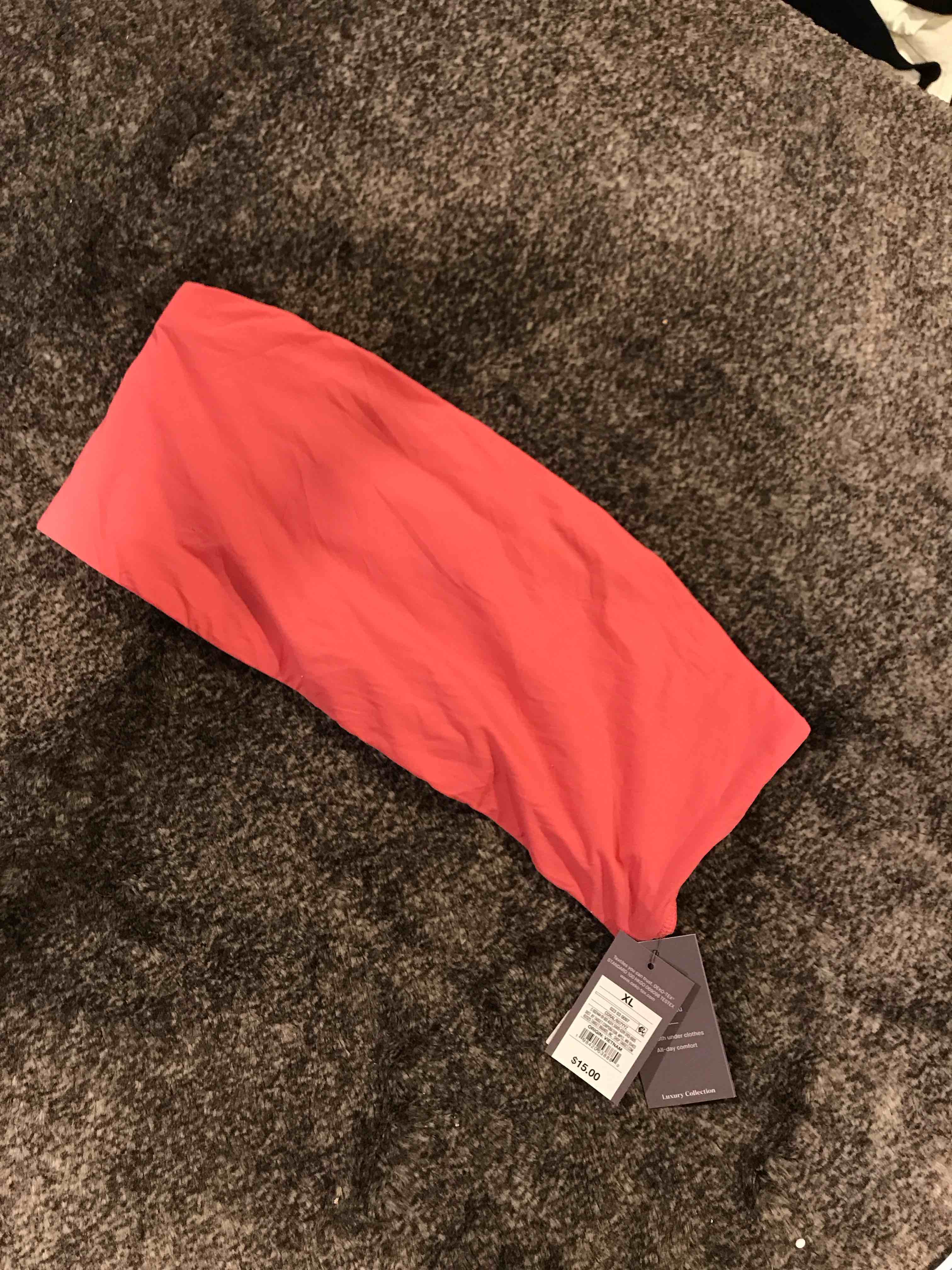 Condition photo showing New/Like New for Women's Luxe Stretch Unlined Bandeau Bra - Auden™ Coral XL: Mesh Liner, Tagless, Double-Layered