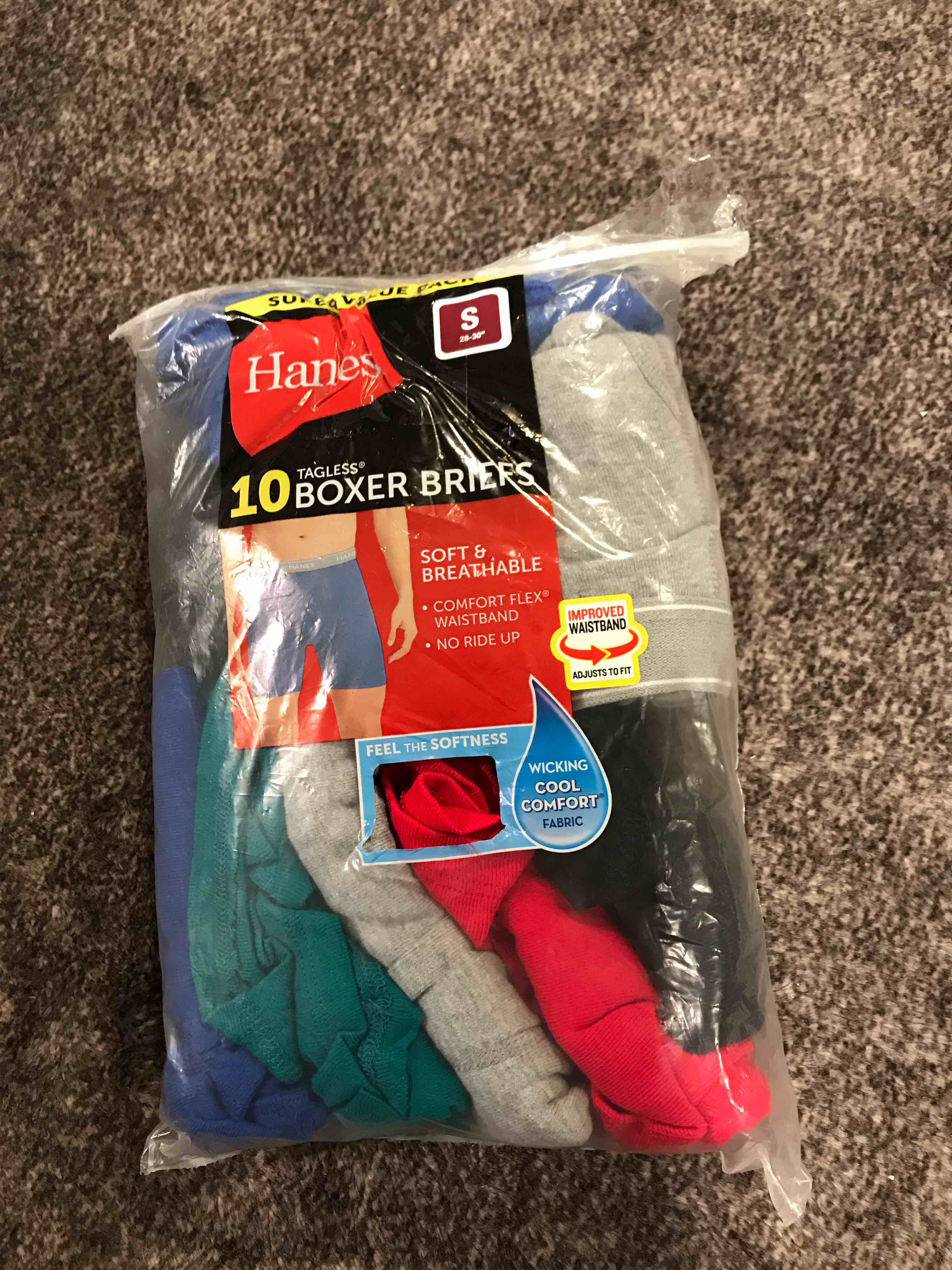 Condition photo showing New/Like New for Hanes Men's 10-Pack Tagless Comfort Flex Waistband Boxer Briefs - Black/Grey Small 28-30”