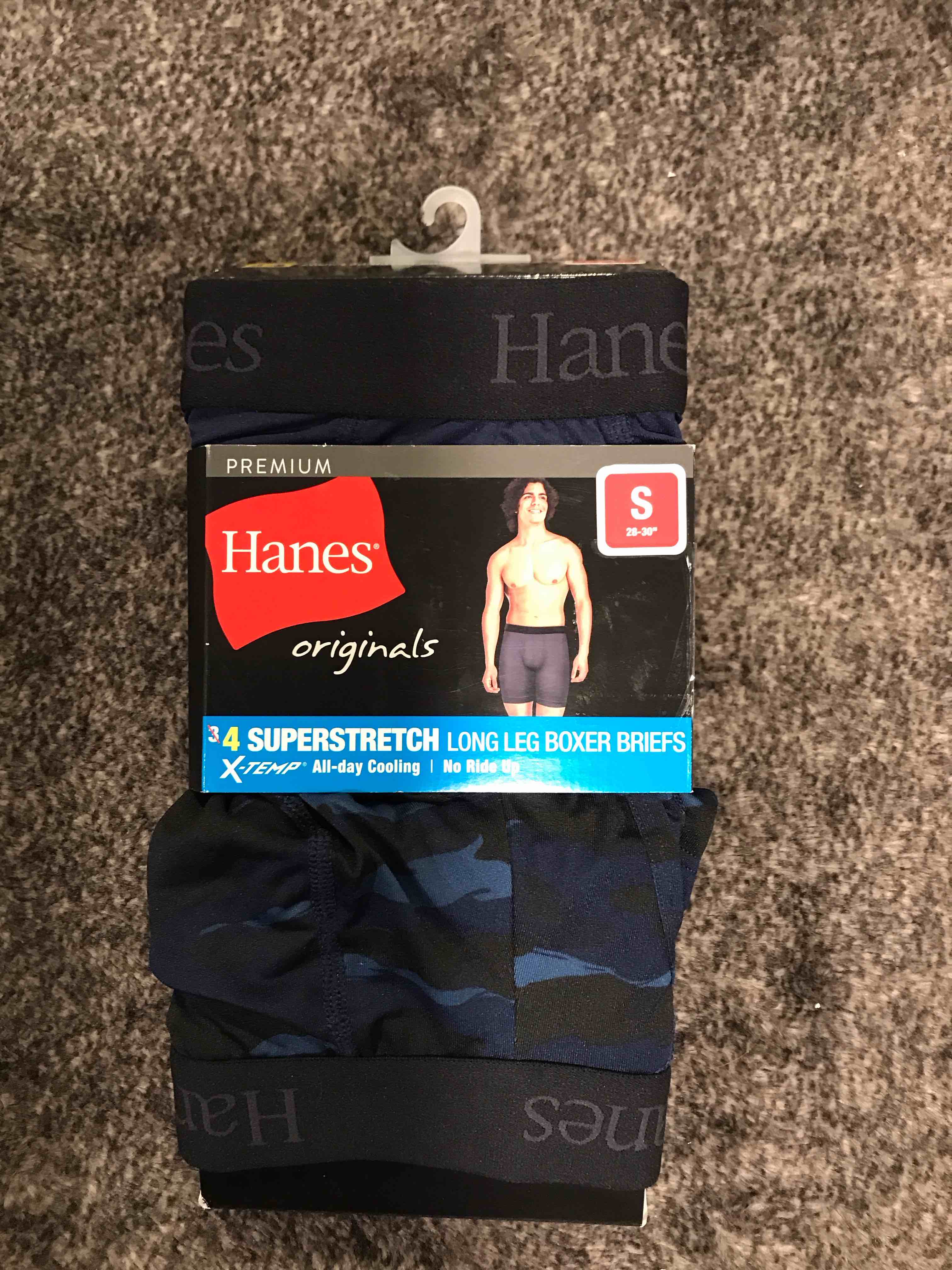 Condition photo showing New/Like New for Hanes Originals Premium Super Stretch Boxer Briefs 3pk - Gray/Black S: Tagless, Moisture Wicking, Quick Drying