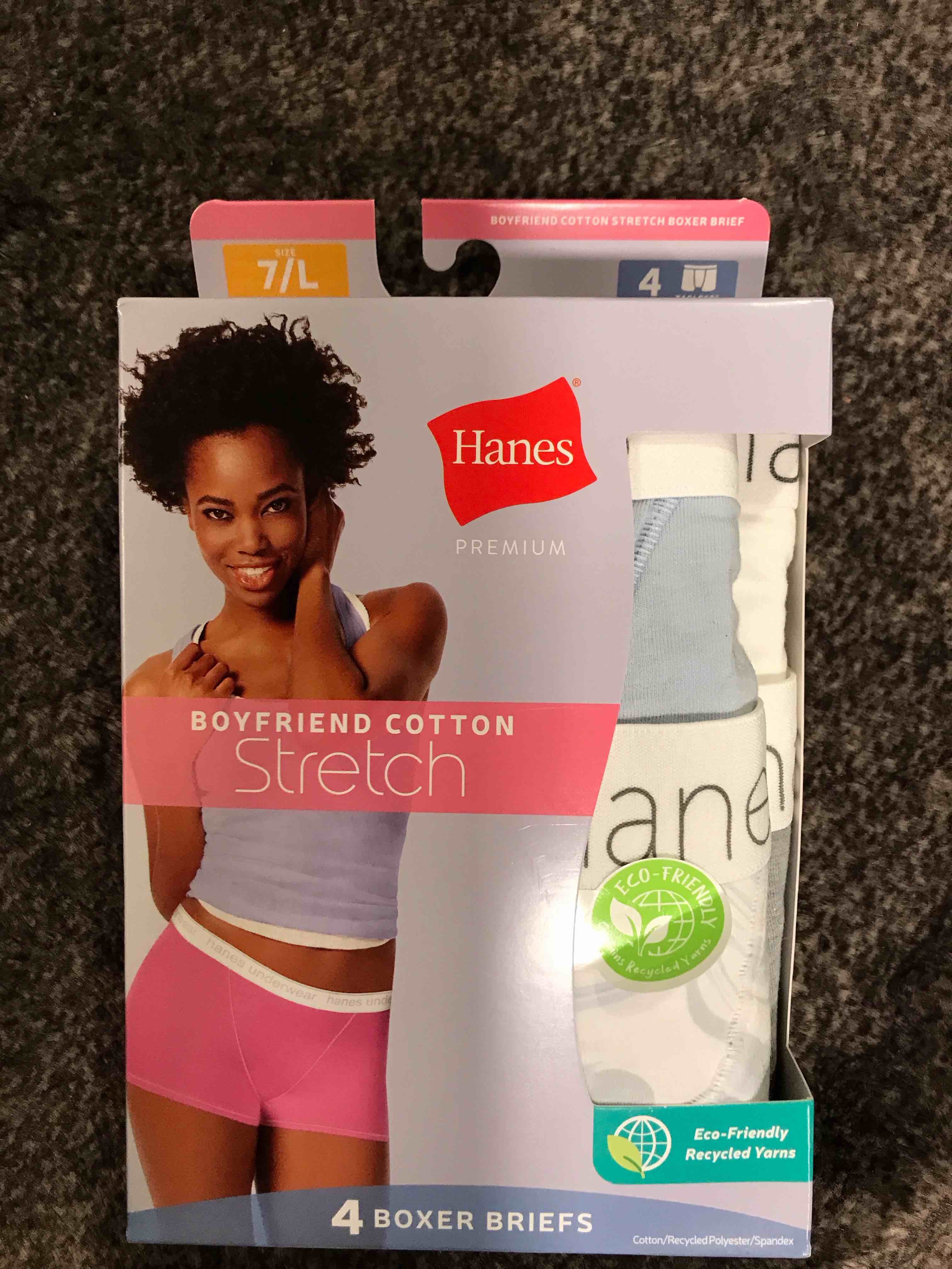 Condition photo showing New/Like New for Hanes Premium Women's 4pk Boyfriend Cotton Stretch Boxer Briefs - Color May Vary L: Tagless Knit Underwear