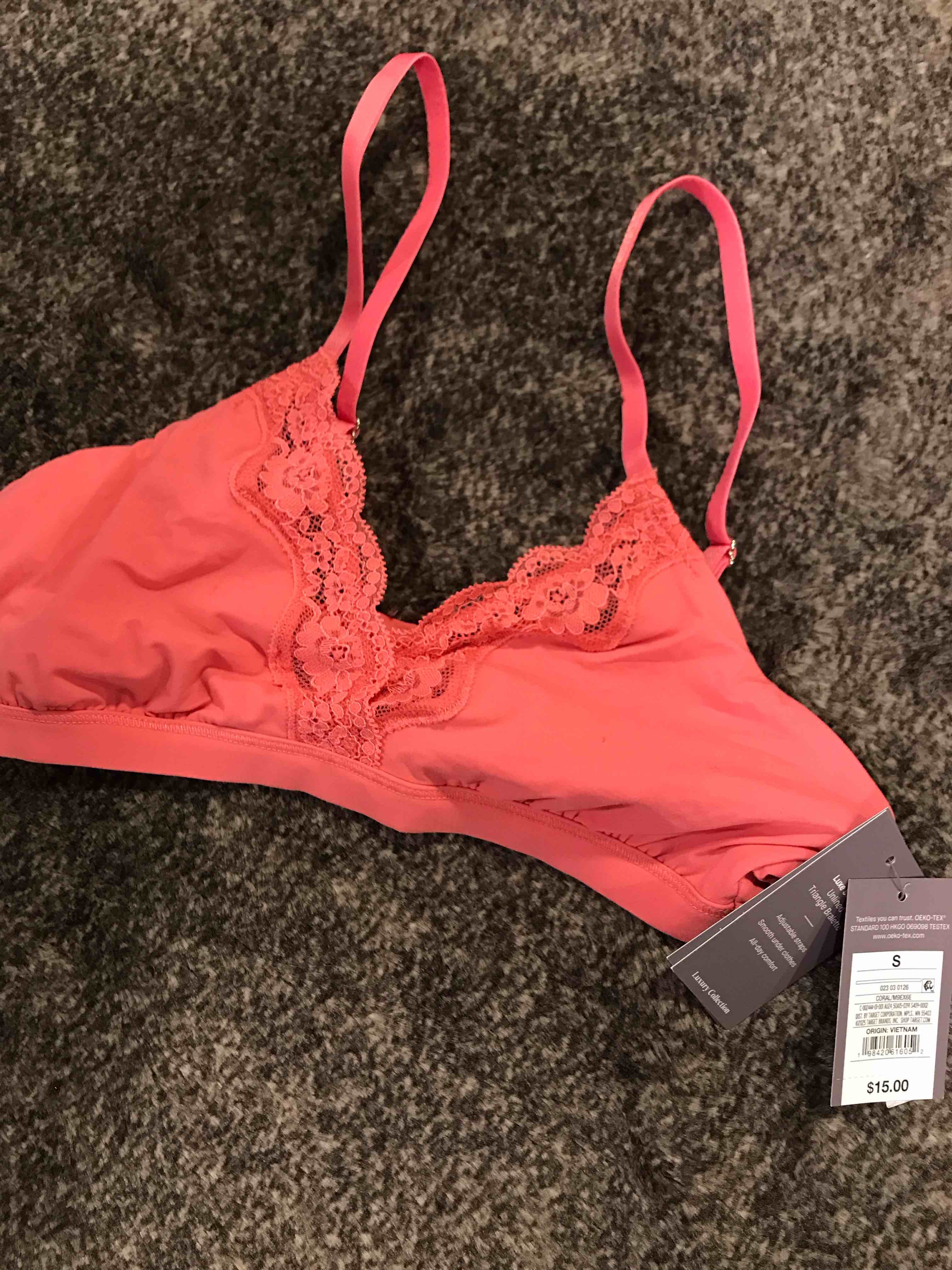 Condition photo showing New/Like New for Women's Luxe Stretch Unlined Triangle Bralette - Auden™ Coral S: Mesh Liner, Adjustable Strap, Lace Trim