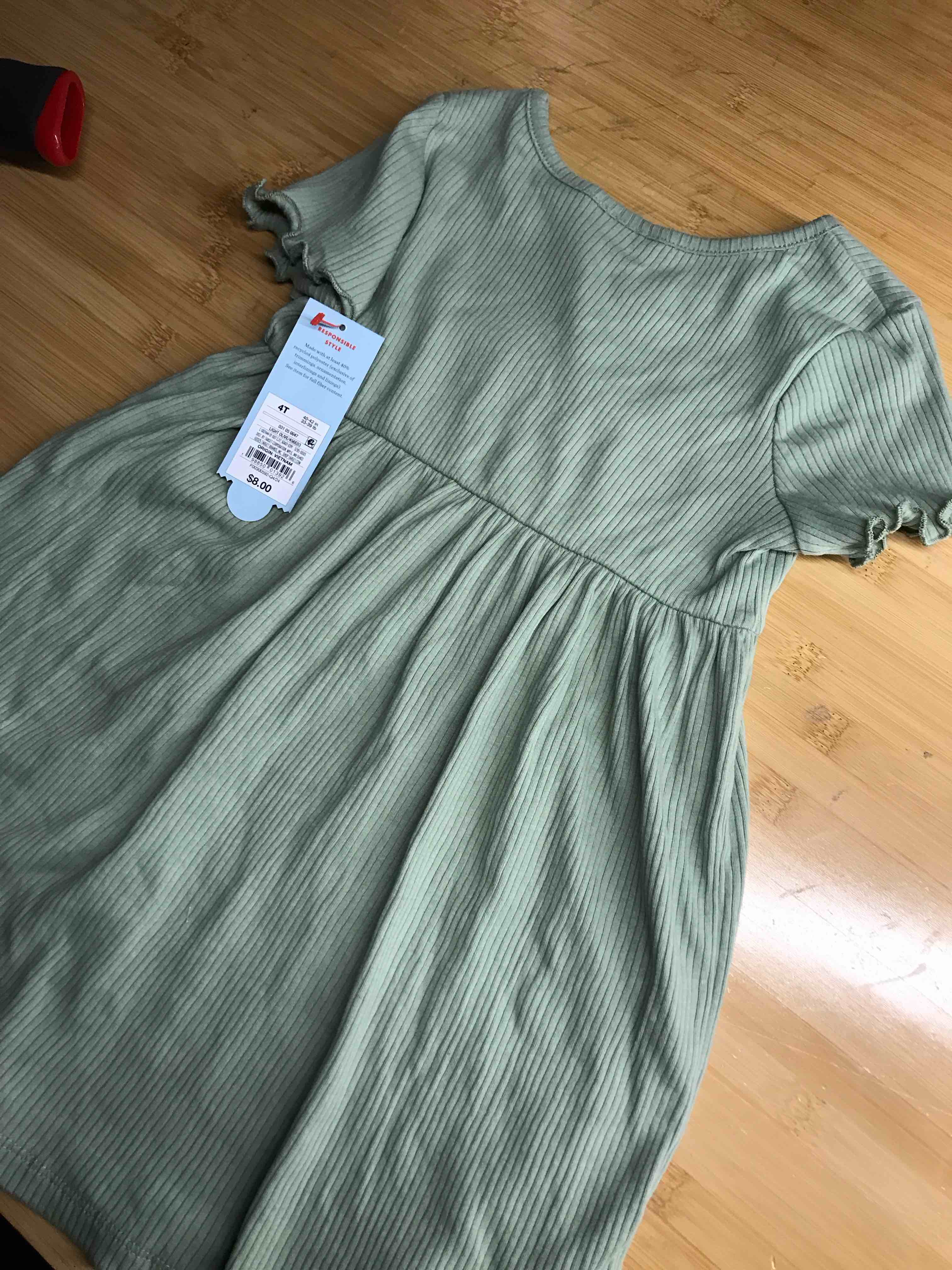 Condition photo showing New/Like New for Toddler Girls' Short Sleeve Ribbed Dress - Cat & Jack™ Olive Green 4T: A-Line, Crew Neck