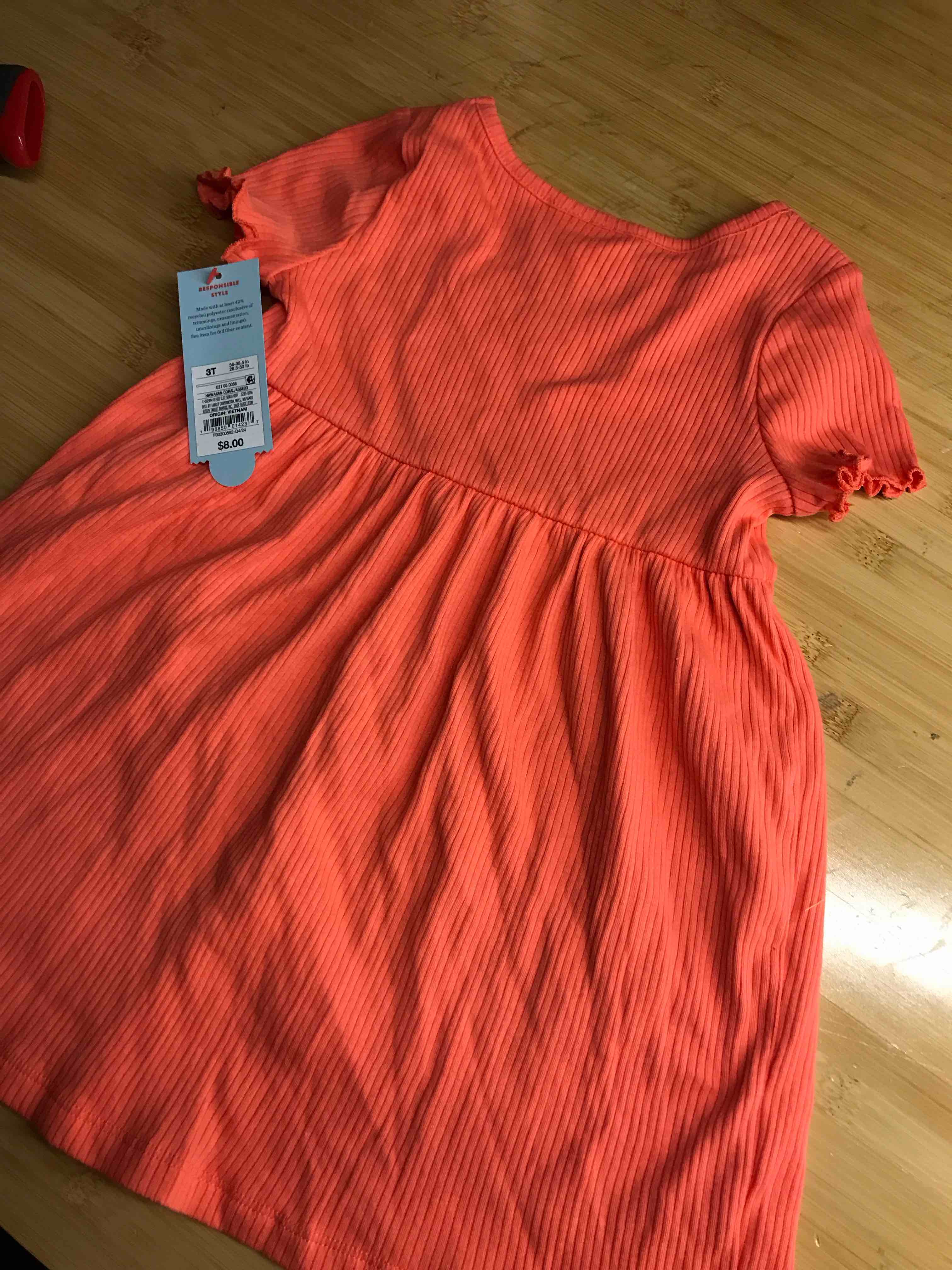 Condition photo showing New/Like New for Toddler Girls' Short Sleeve Ribbed Dress - Cat & Jack™ Coral Orange 3T: A-Line, Crew Neck