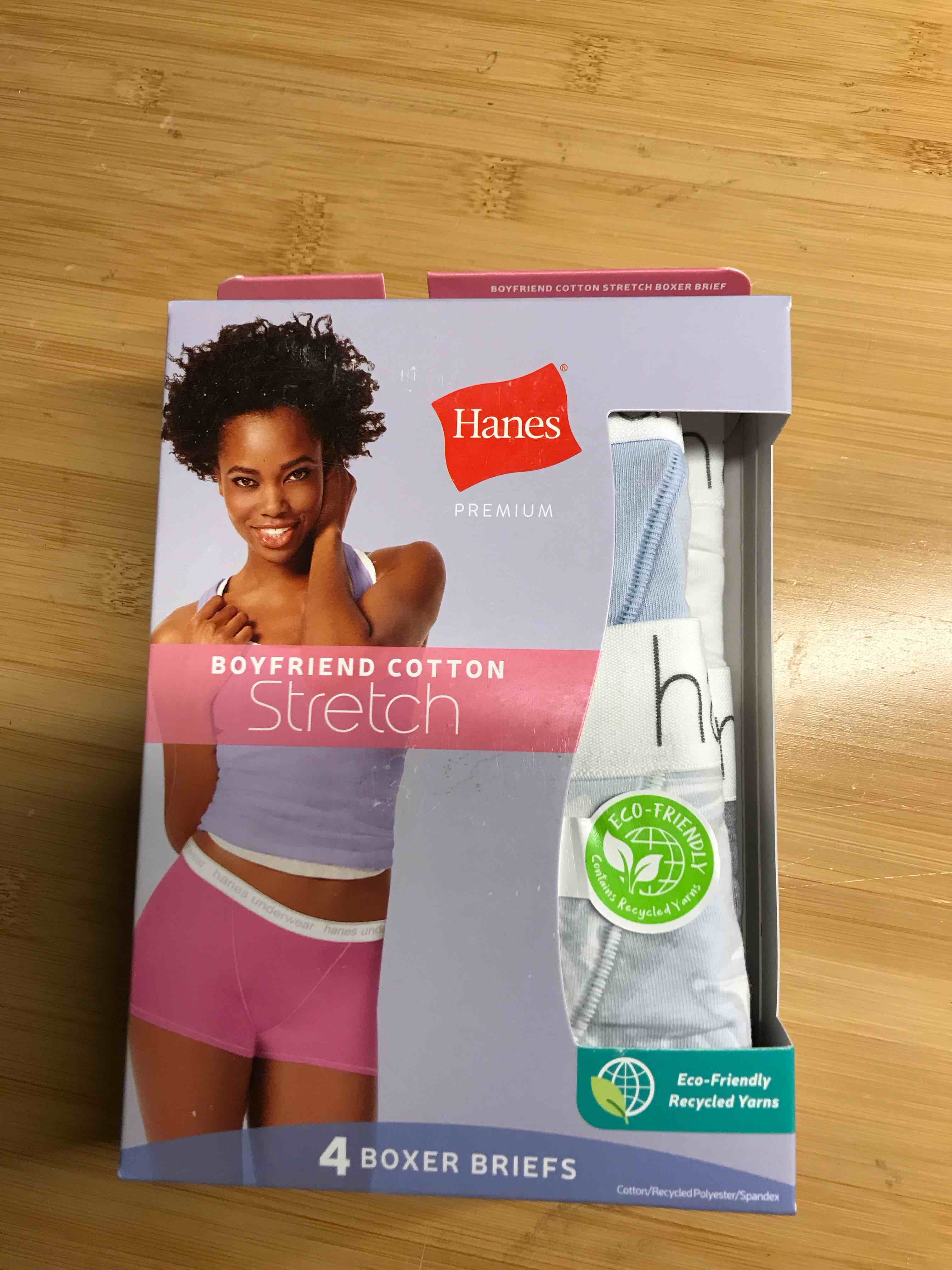 Condition photo showing New/Like New for Hanes Premium Women's 4pk Boyfriend Cotton Stretch Boxer Briefs - Color May Vary L: Tagless Knit Underwear